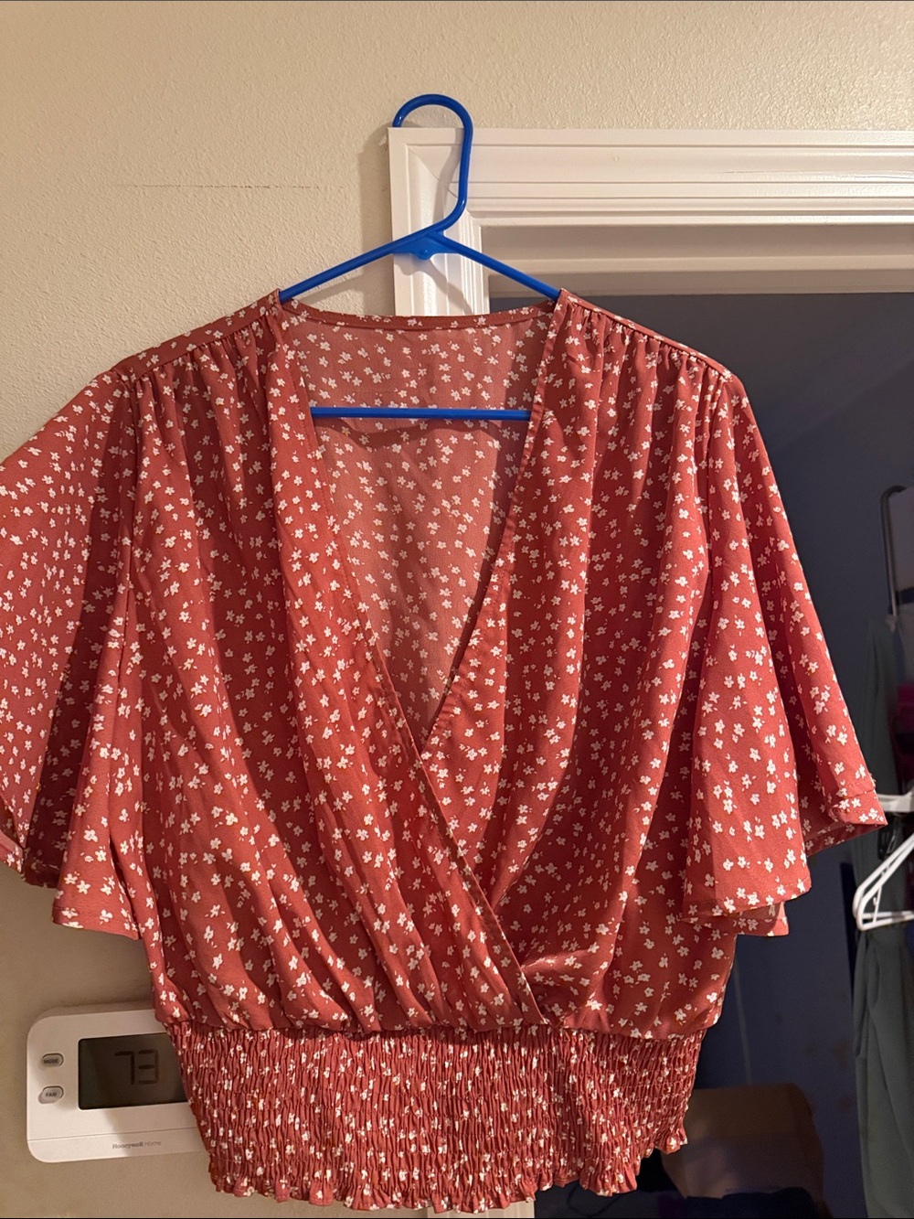 Forever 21 Rust Floral Wrap-Style Smocked Waist Blouse